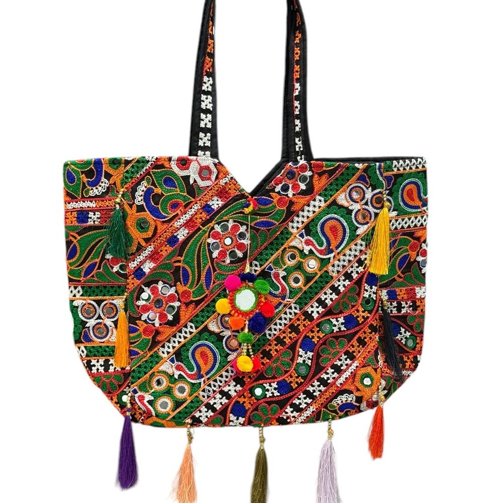 Source Unknown Orange and Green Embroidered Tote Bag with Tassels BAGBIN2